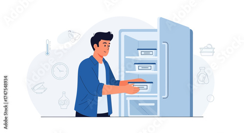Man storing food containers in the fridge for healthy cooking, meal prep and balanced diet