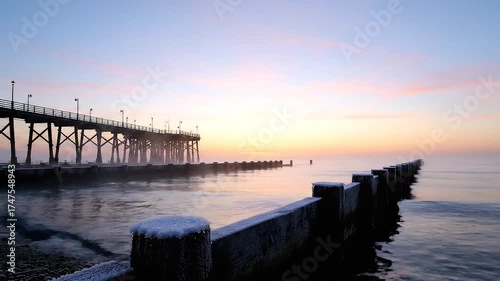 Wallpaper Mural Serene Winter Sunrise Over Icy Pier with Calm Water and Misty Haze, Creating a Tranquil Coastal Ambiance Torontodigital.ca