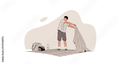 Man Stretching or Exercising with Towel, Exercise Equipment and a Bottle of Water Ready