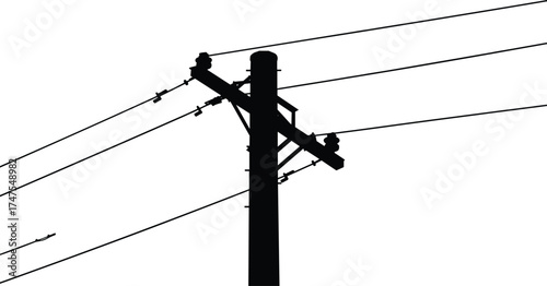 Electric power utility pole with high voltage cables and insulators, black silhouette vector illustration, electricity transmission structure, industrial energy distribution network concept