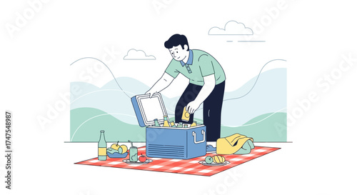 Man Preparing A Picnic With Drinks And Food Under The Spring Sky Outside
