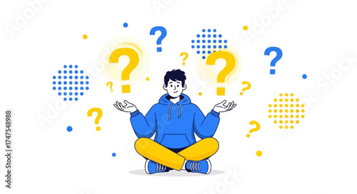 Man surrounded by question marks expressing confusion and uncertainty about something visual