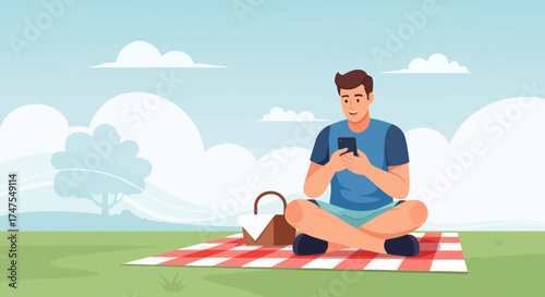 Man Using Phone While Enjoying Picnic Outdoors in Sunny Summer Day