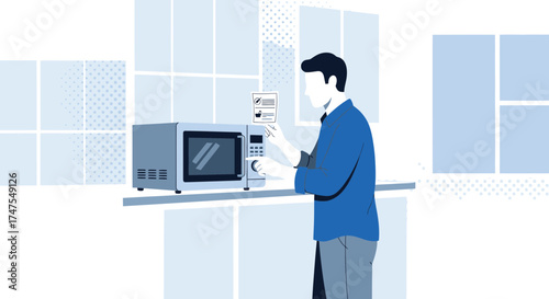 Man Using Microwave In Kitchen, Preparing Food In Modern Apartment Simplified Design