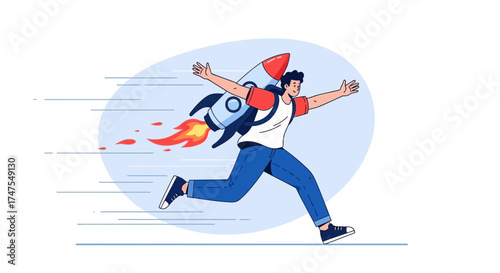 Man Using Rocket Pack Flies Through The Air Reaching For Financial Success