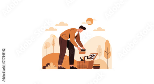 Man Preparing Picnic Basket Outdoors In A Sunny Environment For An Enjoyable Outing