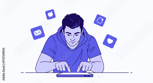 Man Using Tablet with Social Media Icons Illustrating Technology and Connection