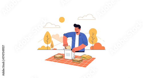 Man Preparing Sandwiches on a Picnic Blanket in a Park for Recreation Time