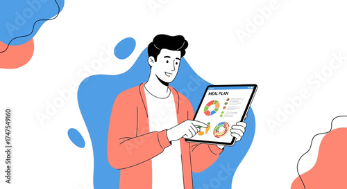 Man Using Tablet to Review Meal Plan in Flat Graphic Style Cartoon Illustration