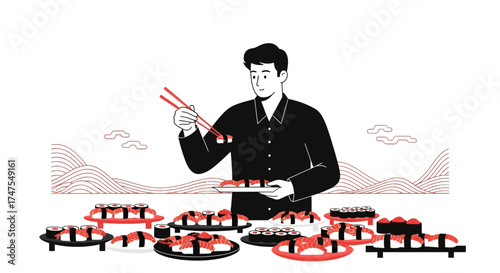 Man Preparing To Enjoy A Variety Of Exquisite Japanese Sushi Dishes
