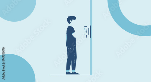 Man Waiting Near Sanitizer Machine, Safety, Healthcare, Hygiene, Minimalist Design