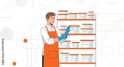 Man Preparing To Work With Sorted Food Containers On Shelves For Food Safety