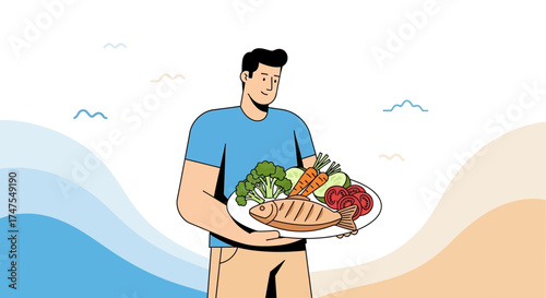Man Presenting Balanced Meal, Promoting Health, Delicious Fish, And Nutritious Fresh Vegetables