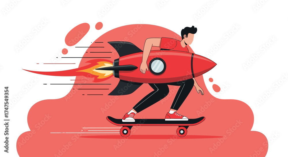 Naklejka premium Man With Rocket-Powered Skateboard Achieving Unprecedented Velocity Through Dynamic Movement