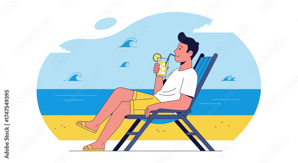 Fototapeta premium Man Reclining At The Beach Drinking A Beverage During A Relaxing Summer Day