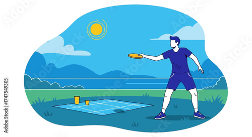 Man With Disc, Enjoying Summer Day Outdoors, Recreational Activity Illustration