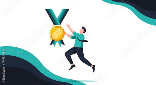 Man Reaching For Gold Medal Illustrating Achievement, Success, And Recognition