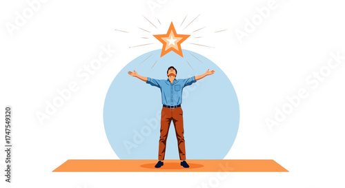 Man reaching for success with a star illustration on a white background
