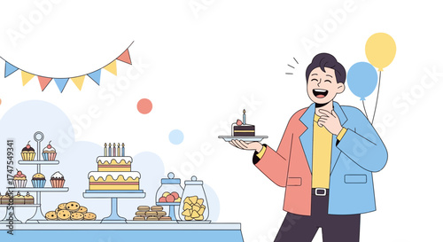 Man With Joyful Expression Holding Cake Piece At A Fun And Delicious Party Event