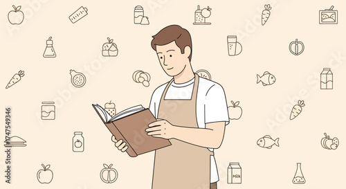 Man Reading Cookbook with Food Icons Illustrating Healthy Recipes and Culinary Ideas