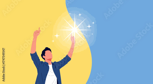 Man Reaching Towards The Shining Star Symbolizing Achievement And New Ideas