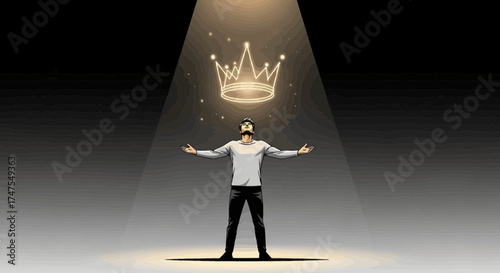 Man Receiving Crown Symbolizing Power and Success under Spotlight Animation Illustration