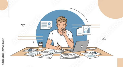 Man working at a desk with a laptop and analyzing data with a coffee cup nearby