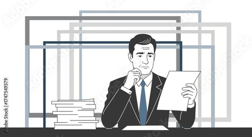 Man Reading Documents in Deep Thought Amidst Abstract Geometric Background Analysis