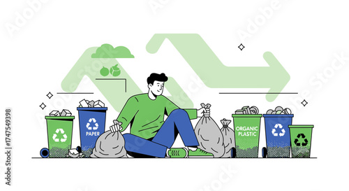 Man recycling waste, separating trash for the environment, concept illustration