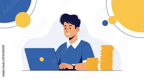 Man Working on Laptop with Gold Coins in a Modern Vector Style Illustrating Financial Success