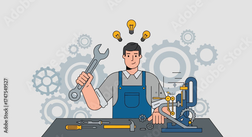 Mechanic Man With Wrench, Gears, And Light Bulbs Portraying Solutions And Innovation