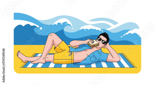 Man Relaxing On Beach Chowing Down Sandwich During Summer Holiday Vacation