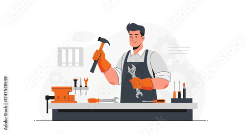 Mechanic Ready To Work On A Vector Illustration, With Crafting Tools On A Workbench