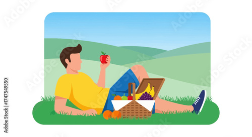 Man Relaxing Outdoor Enjoying The Nature Holding An Apple During A Picnic Time