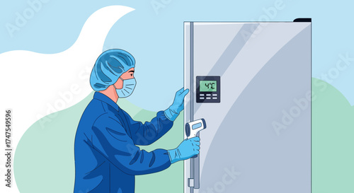 Medical Professional Checking Temperature With Thermometer Near Refrigerator In Clinic