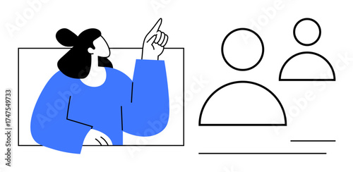 Woman pointing upward alongside two abstract human icons, representing networking, teamwork, communication, leadership, collaboration, interaction, and virtual connection. Ideal for simple flat