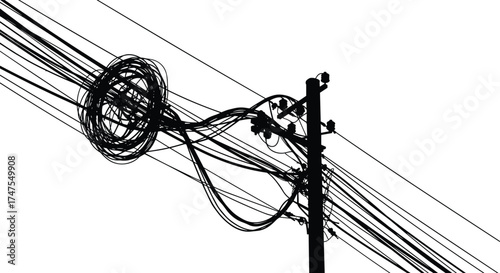 Electric utility pole with tangled power cables and wires, black and white vector illustration showing messy urban electricity connection and communication infrastructure network.