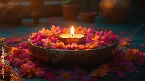 A lit candle in a decorative bowl surrounded by pink and orange flower petals, creating a warm and peaceful atmosphere