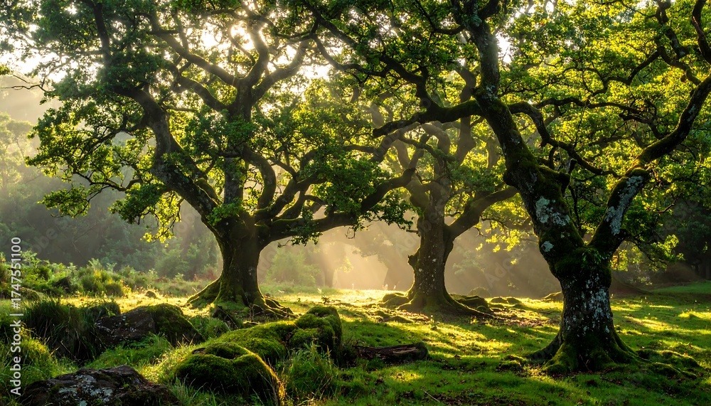 Fototapeta premium Majestic old trees bathed in sunlight, creating a dreamy forest scene