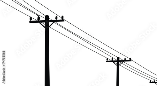 High voltage electric power poles with cables and insulators, black and white silhouette vector illustration of energy transmission and utility infrastructure background