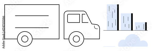 Truck parked next to tall buildings with a cloud below, depicting urban logistics and transport. Ideal for delivery, transportation, logistics, urbanization, business growth, distribution, simple