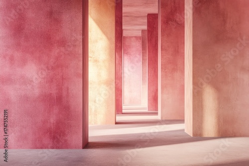 A sunlit interior corridor with blush-toned, textured walls and warm light accents, creating a serene and calming atmosphere.