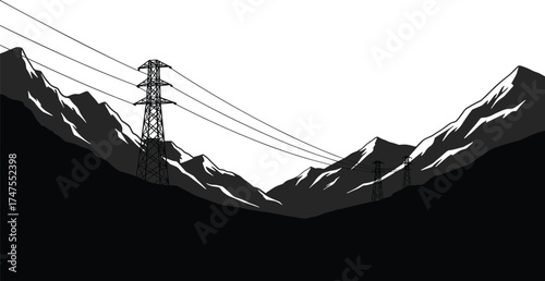 High voltage electric transmission towers in mountain valley, power line pylons landscape vector illustration, renewable energy, electricity infrastructure, black and white design