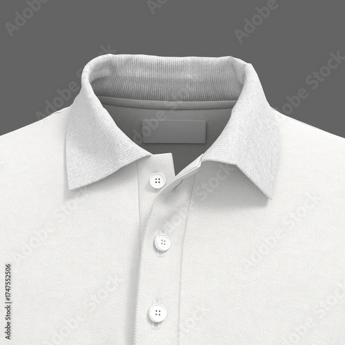 Close-up 3D render of brand label on polo shirt. Realistic fabric stitching and logo tag mockup