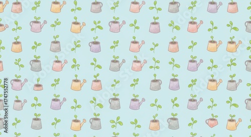 Wallpaper Mural Whimsical pattern of watering cans and sprouting plants on blue background Torontodigital.ca
