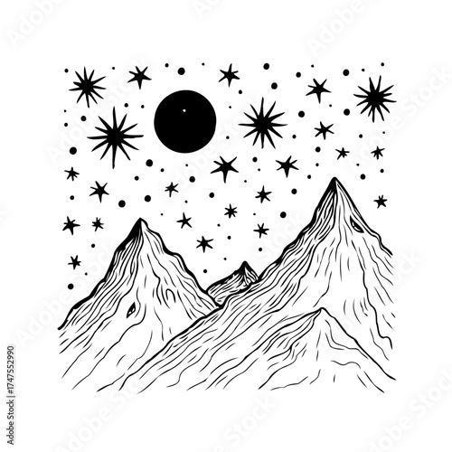 Enigmatic mountain range under a celestial canopy creates a dreamlike landscape under starry night