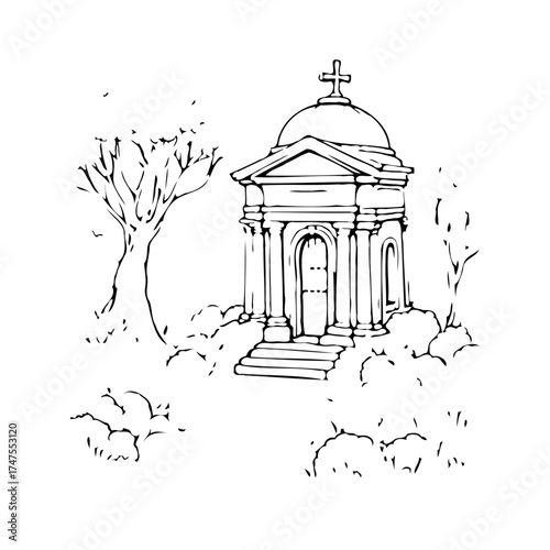 Ethereal crypt structure with cross in an overgrown setting creating a somber yet serene scenery