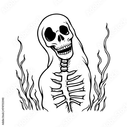 Ethereal reaper illustration conveying mortality with stylized skeletal figure amongst spectral