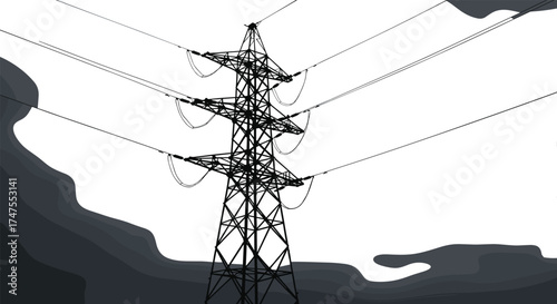 High voltage electricity transmission tower silhouette with power lines, industrial energy infrastructure concept, black and white vector illustration for engineering design.