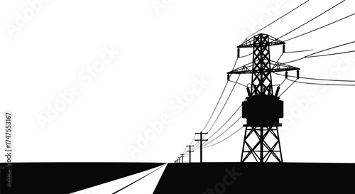High voltage electricity transmission tower with power lines along countryside road, energy distribution network, industrial engineering and infrastructure vector illustration design